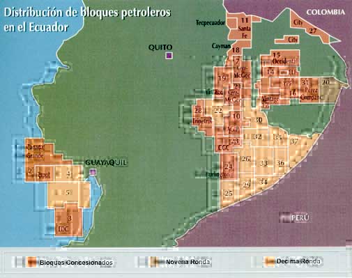 Distribucion de bloques petroleros en Ecuador